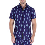 Pineapple Short Sleeve Button Up Shirt // Navy (L)