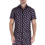 Flamingo Short Sleeve Button Up Shirt // Black (XS)
