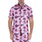 Floral Short Sleeve Button Up Shirt // Pink (S)