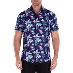 Tropical Flamingo Short Sleeve Button Up Shirt // Navy (S)