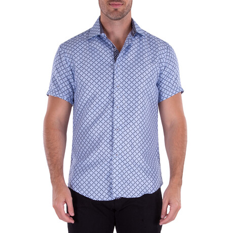 Squared Pattern Short Sleeve Button Up Shirt // Blue (XS)