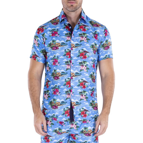 Floral Short Sleeve Button Up Shirt // Blue (XS)