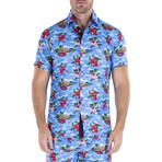 Floral Short Sleeve Button Up Shirt // Blue (XL)