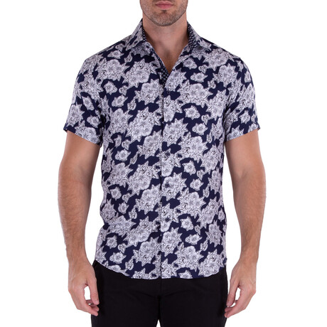 Flower Style Short Sleeve Button Up Shirt // Navy (XS)