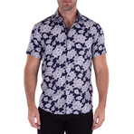Flower Style Short Sleeve Button Up Shirt // Navy (M)