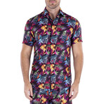 Tropical Leaf Short Sleeve Button Up Shirt // Black + Multicolor (S)
