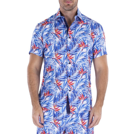 Hawaiian Palm Short Sleeve Button Up Shirt // Blue + White (XS)