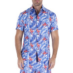 Hawaiian Palm Short Sleeve Button Up Shirt // Blue + White (L)