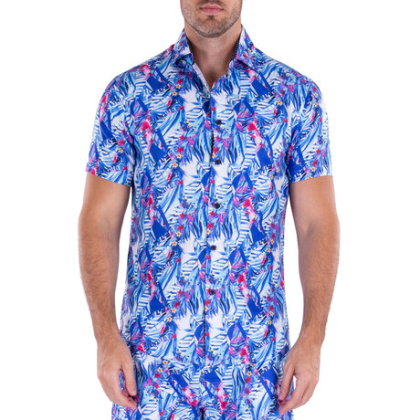 Hawaiian Contrast Short Sleeve Button Up Shirt // Blue + White (XS)