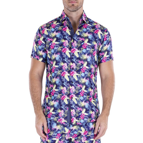 Tropical Flower Short Sleeve Button Up Shirt // Royal Blue + Multicolor (XS)