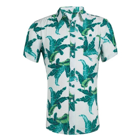 Leaves Button-Up // White + Blue-Green (XS)
