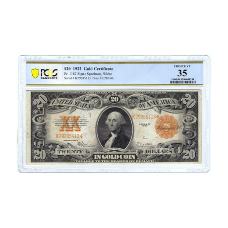 1922 $20 Large Size Gold Certificate // PCGS Certified Choice Very Fine 35