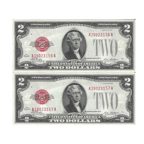 1928 $ 2 Legal Tenders 2 Consecutive # 156 - 157