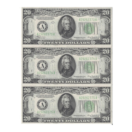 1934 $ 20 Federal Reserve 3 Consecutive # 373 - 375