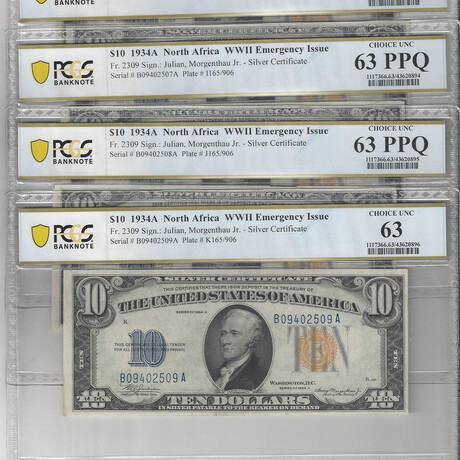 1934 A $ 10 North Africa WW II Emergency Issue 5 Consecutive # 505 - 509