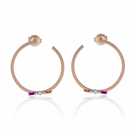 18K Rose Gold Pink & Orange Sapphire + Diamond Hoop Earrings // New