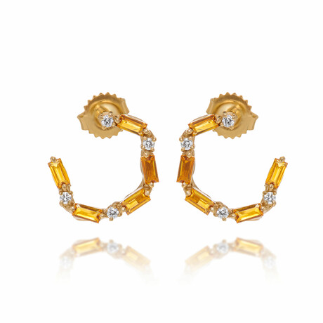 14K Yellow Gold Diamond + Citrine Hoop Earrings // New