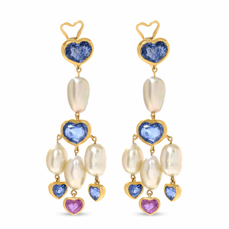 Assael 18K Yellow Gold Keshi Pearl + Multicolor Sapphire Drop Earrings // Store Display