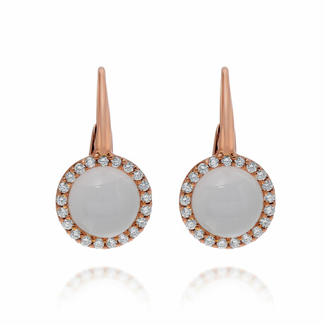 Roberto Coin 18K Rose Gold Cabochon Pink Quartz + Diamond Huggie Earrings // Store Display