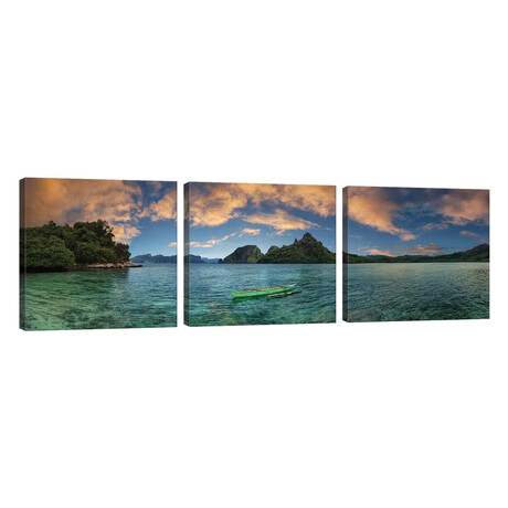 Boat In Lagoon With Mountain In The Background, El Nido, Palawan, Philippines // Panoramic Images (20"L x 60"W x 1.5"H)