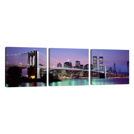 An Illuminated Brooklyn Bridge With Lower Manhattan's Financial District Skyline In The Background, New York City, New York // Panoramic Images (20"L x 60"W x 1.5"H)