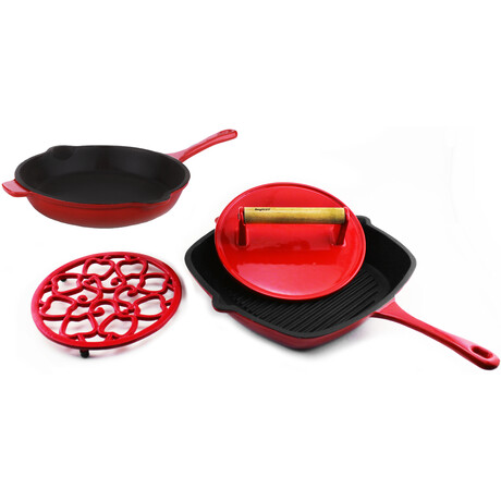 Neo 4 Piece Cast Iron Set // 11" Grill Pan + 10" Fry Pan + Steak Press + Trivet // Red