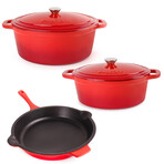 Neo 5 Piece Cast Iron Set // 5qt Oval + 5qt Round Covered Dutch Ovens // 10" Fry Pan // Red