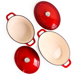 Neo 5 Piece Cast Iron Set // 5qt Oval + 5qt Round Covered Dutch Ovens // 10" Fry Pan // Red