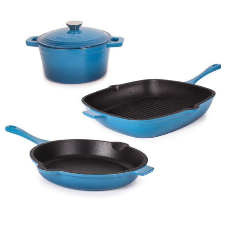 Neo 4 Piece Cast Iron Set // 11" Grill Pan + 10" Fry Pan + 3qt Covered Dutch Oven (Purple)