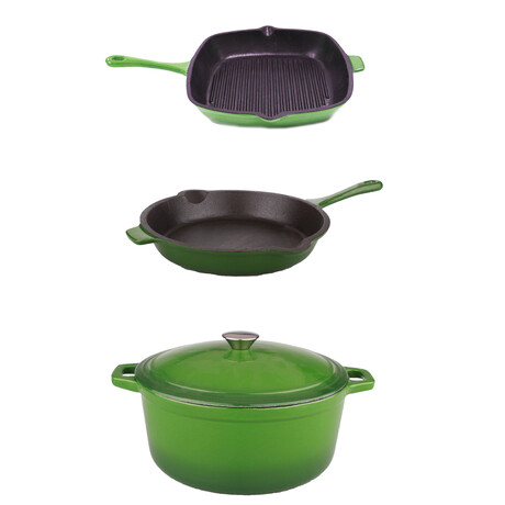 Neo 4 Piece Cast Iron Set // 10" Fry Pan + 11" Grill Pan + 5qt Covered Dutch Oven (Blue)