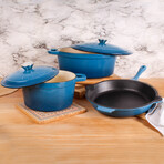 Neo 5 Piece Cast Iron Set // 3qt + 5qt Dutch Ovens  // 10" Fry Pan (Blue)