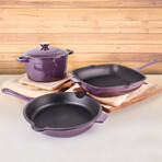 Neo 4 Piece Cast Iron Set // 11" Grill Pan + 10" Fry Pan + 3qt Covered Dutch Oven (Purple)