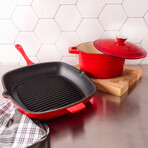 Neo 3 Piece Cast Iron Set // 3qt Covered Dutch Oven + 11" Grill Pan (Red)