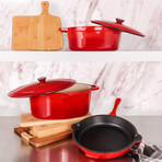 Neo 5 Piece Cast Iron Set // 5qt Oval + 5qt Round Covered Dutch Ovens // 10" Fry Pan // Red