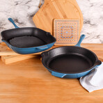 Neo 2 Piece Cast Iron Set // 10" Fry Pan + 11" Grill Pan (Blue)