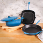 Neo 4 Piece Cast Iron Set // 10" Fry Pan + 11" Grill Pan + 5qt Covered Dutch Oven (Blue)