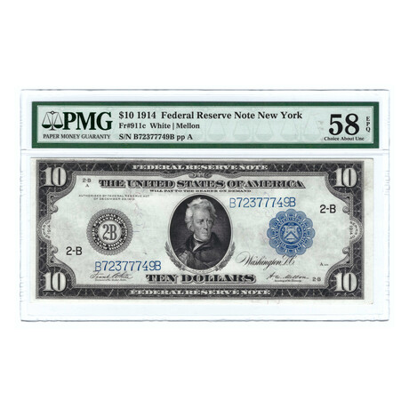 1914 $10 Large Size Federal Reserve Note // PMG Certified Choice About Uncirculated 58 EPQ