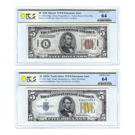 1934 $5 Emergency Issue Notes // Hawaii & North Africa // PCGS Certified Choice Uncirculated 64