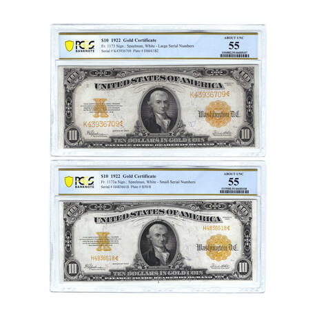 1922 $10 Large Size Gold Certificate // Large & Small Serial Number // Set of 2 // PCGS Certified About Uncirculated 55