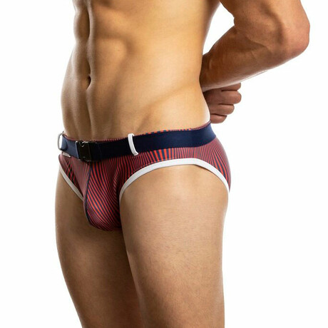 Hampton Swim Belted Striped Swim Brief // Red + Navy (XS)