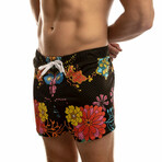 Fresh Style Japanese Flower Print Mesh Cover Up Short // Black (M)