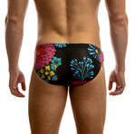 Second Skin Japanese Flower Print Swim Brief // Black (M)