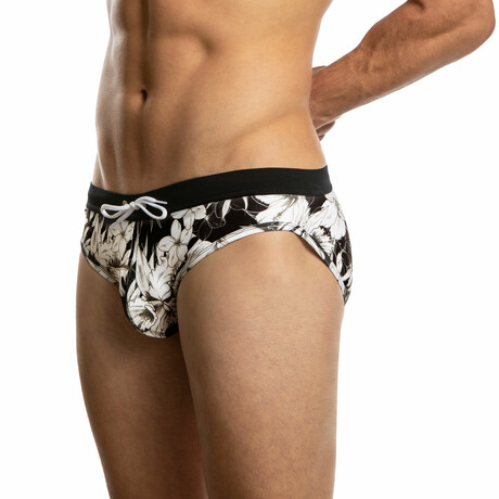 Nico Kai Sport Cut Tropical Flower Print Swim Brief // Black + White (XS)