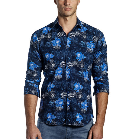 Griffin Long Sleeve Button Up Shirt // Dark Navy Floral (S)