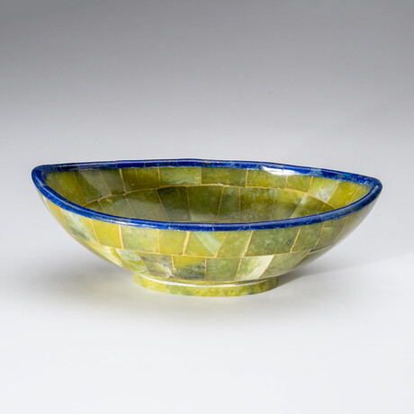 Genuine Polished Green Jade with Lapis Lazuli Trimming Small Oval Bowl