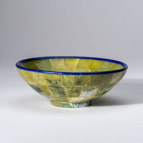 Genuine Polished Green Jade with Lapis Lazuli Trimming Round Bowl // 5"