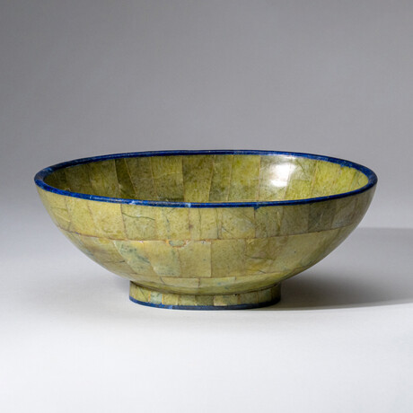 Genuine Polished Green Jade with Lapis Lazuli Trimming Large Oval Bowl