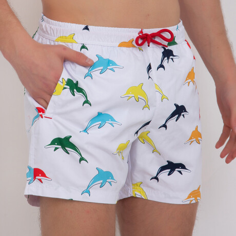 Fisher Dolphin Print Swim Short // White + Multicolor (S)