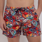 Fisher Graphic Print Swim Short // Red + Multicolor (XL)