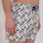 Fisher Abstract Print Swim Short // White + Multicolor (XL)